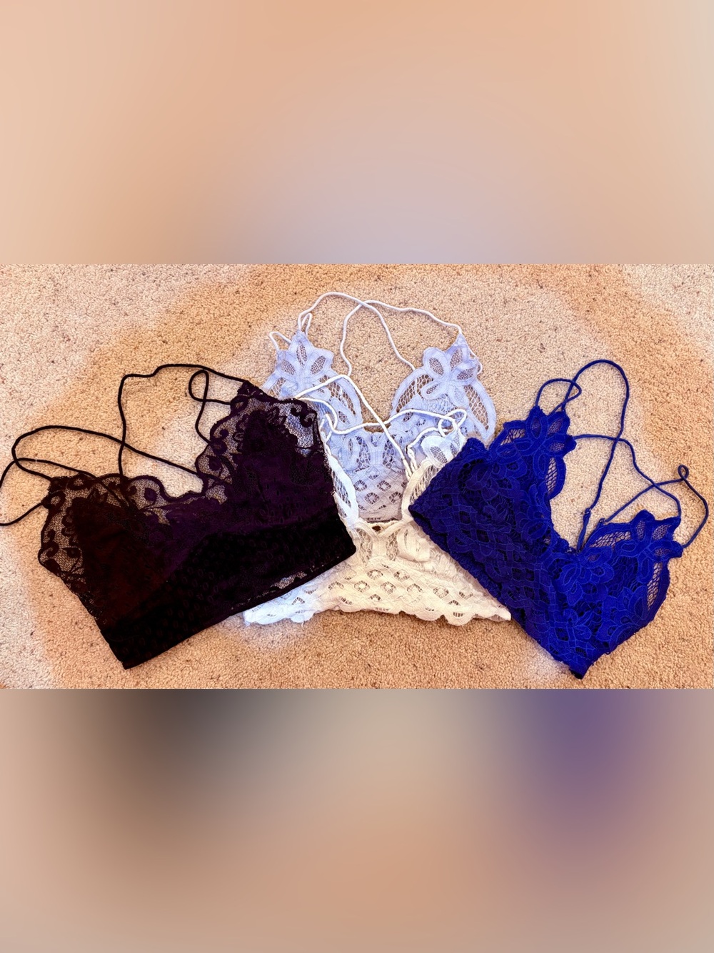 Free People Lace Bralette Set— Black, White & Royal and baby Blue. Small. Nwot